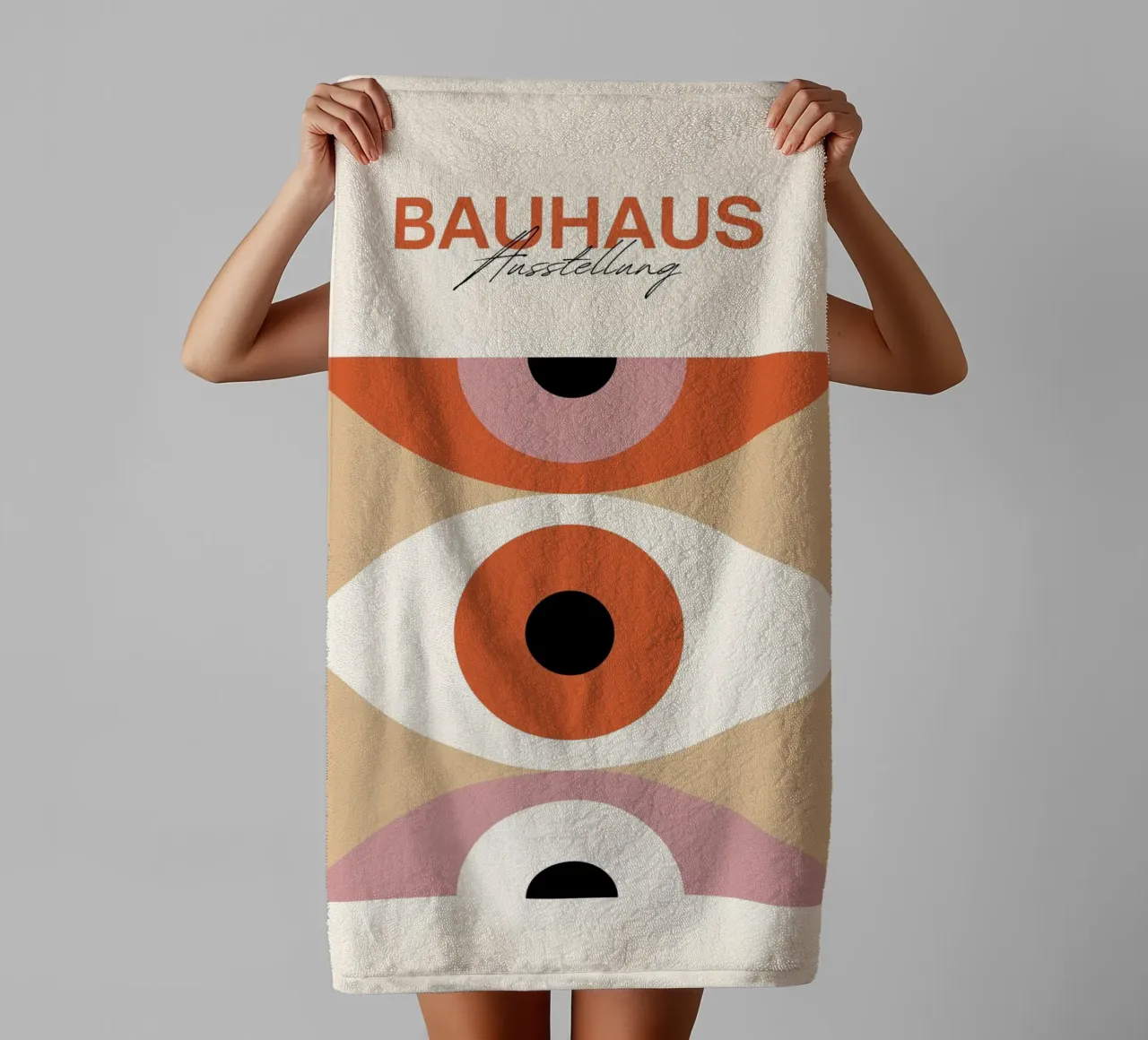 Bauhaus Eye Abstract Art Print by Modernist Forms, Orange Pi towel by NorwesClub
