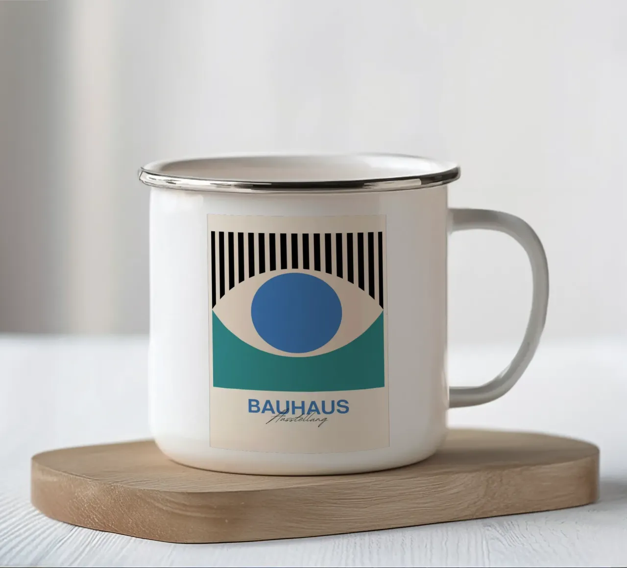 Bauhaus Eye abstracte kunstdruk van Modernist Forms, Blauwgroen emaille mok van NorwesClub