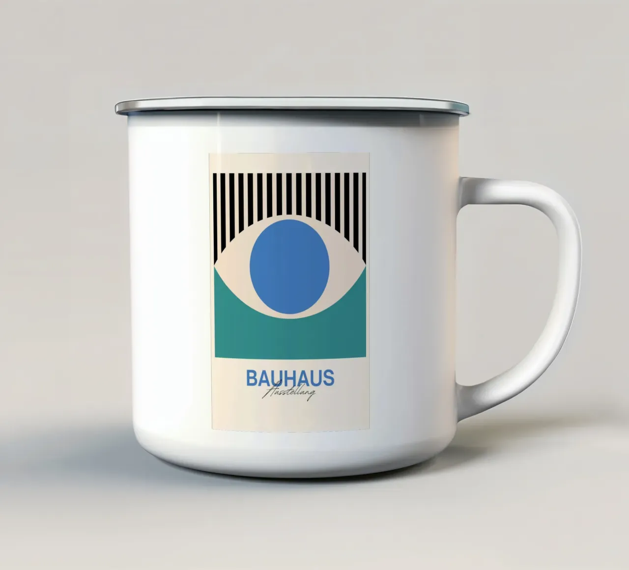 Bauhaus Eye abstracte kunstdruk van Modernist Forms, Blauwgroen emaille mok van NorwesClub