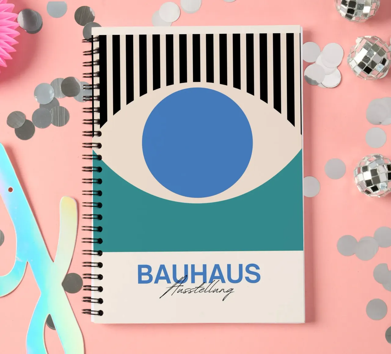 Bauhaus Eye Abstract Art Print by Modernist Forms, Blue Teal spiral notebook by NorwesClub