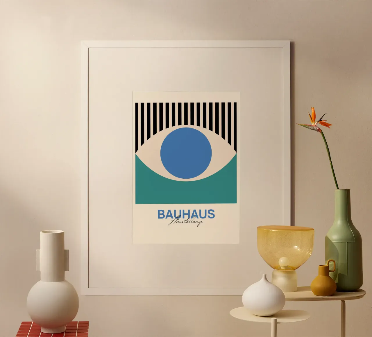 Bauhaus Eye abstracte kunstdruk van Modernist Forms, Blauwgroen poster met kunststof frame van NorwesClub