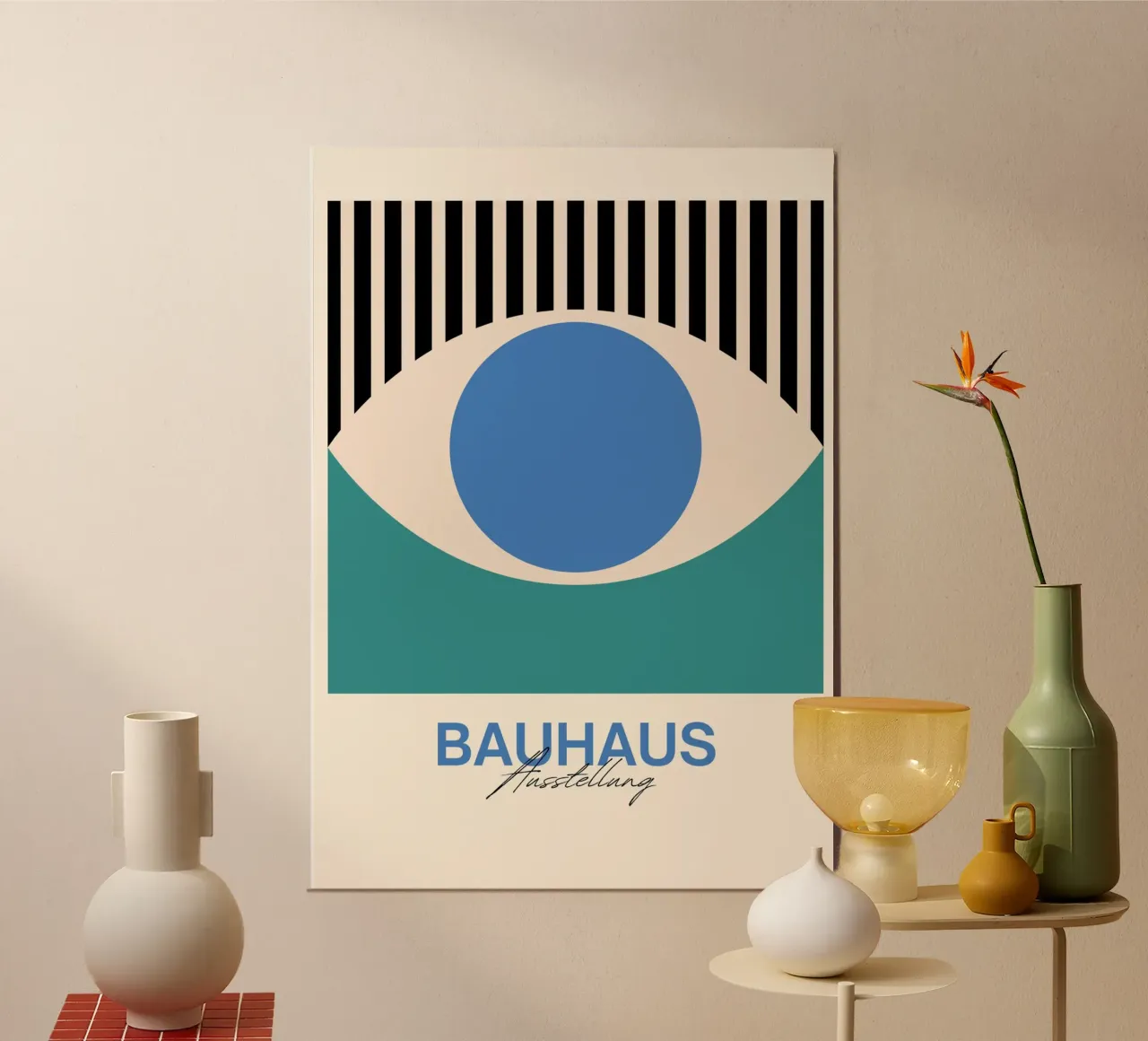 Bauhaus Eye abstracte kunstdruk van Modernist Forms, Blauwgroen poster met kunststof frame van NorwesClub