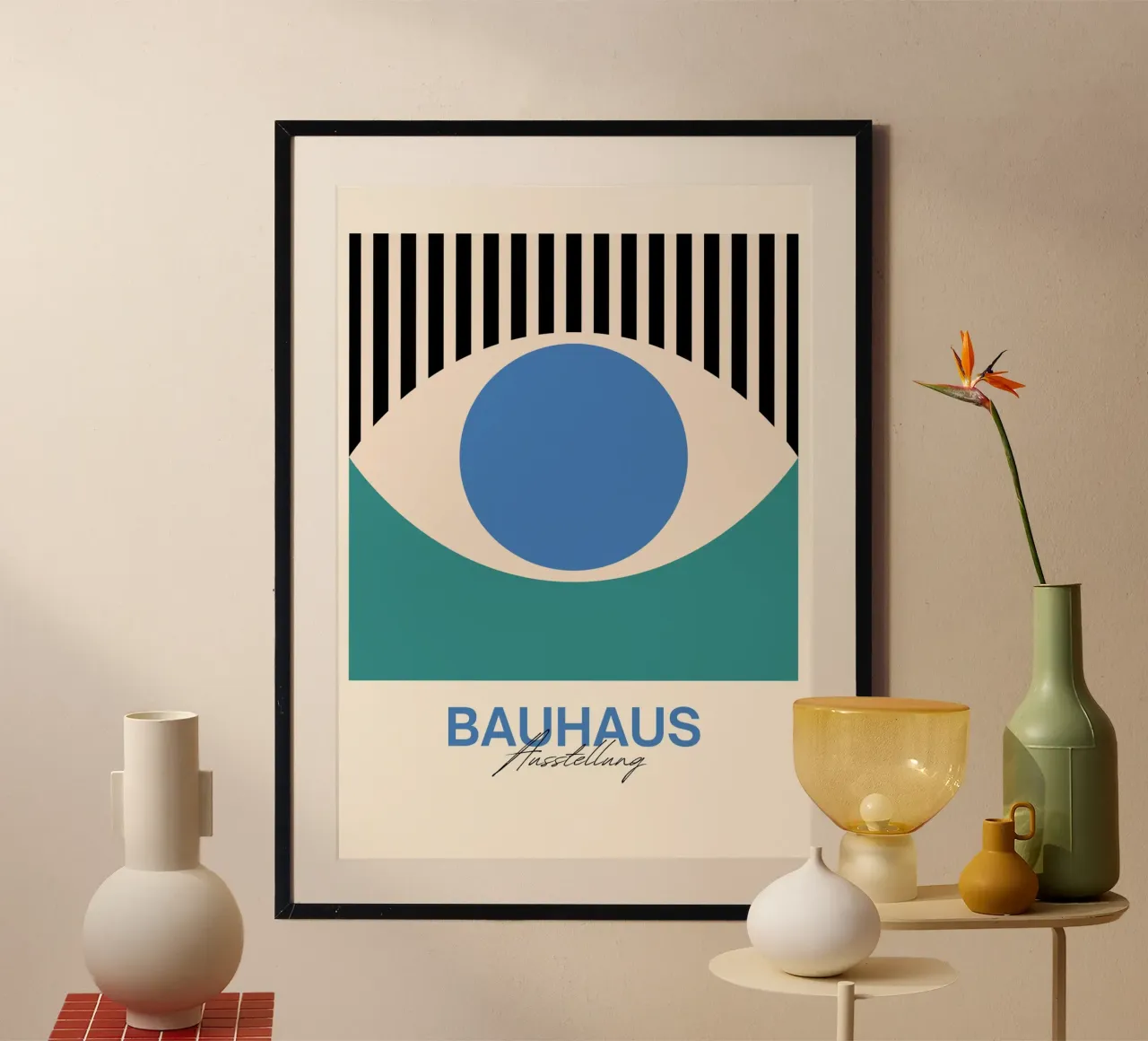 Bauhaus Eye abstracte kunstdruk van Modernist Forms, Blauwgroen poster met kunststof frame van NorwesClub
