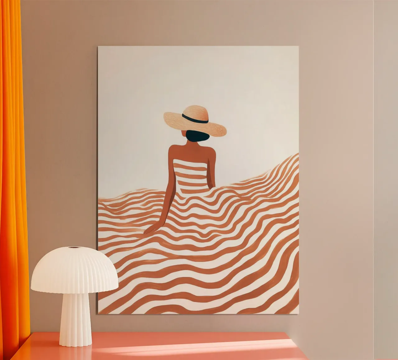 Si alza il vento | Donna a strisce sulla spiaggia poster con telaio in plastica da Autofocus