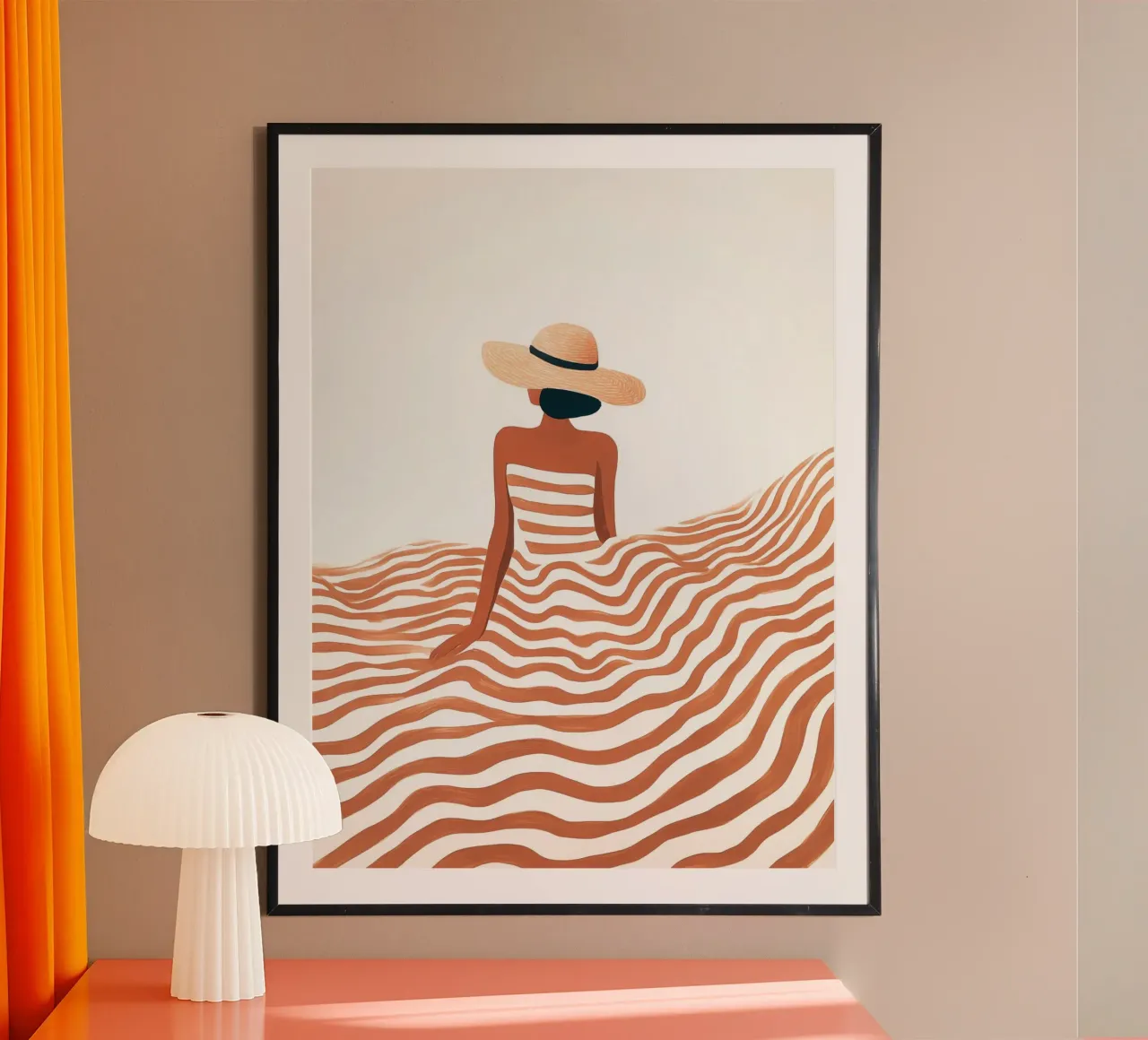 Si alza il vento | Donna a strisce sulla spiaggia poster con telaio in plastica da Autofocus