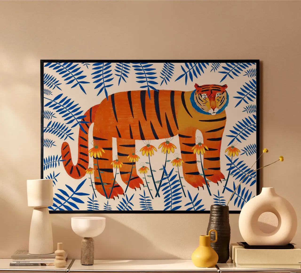 Tigre de la suerte, ilustración de un tigre poster con marco de madera de Little Lila