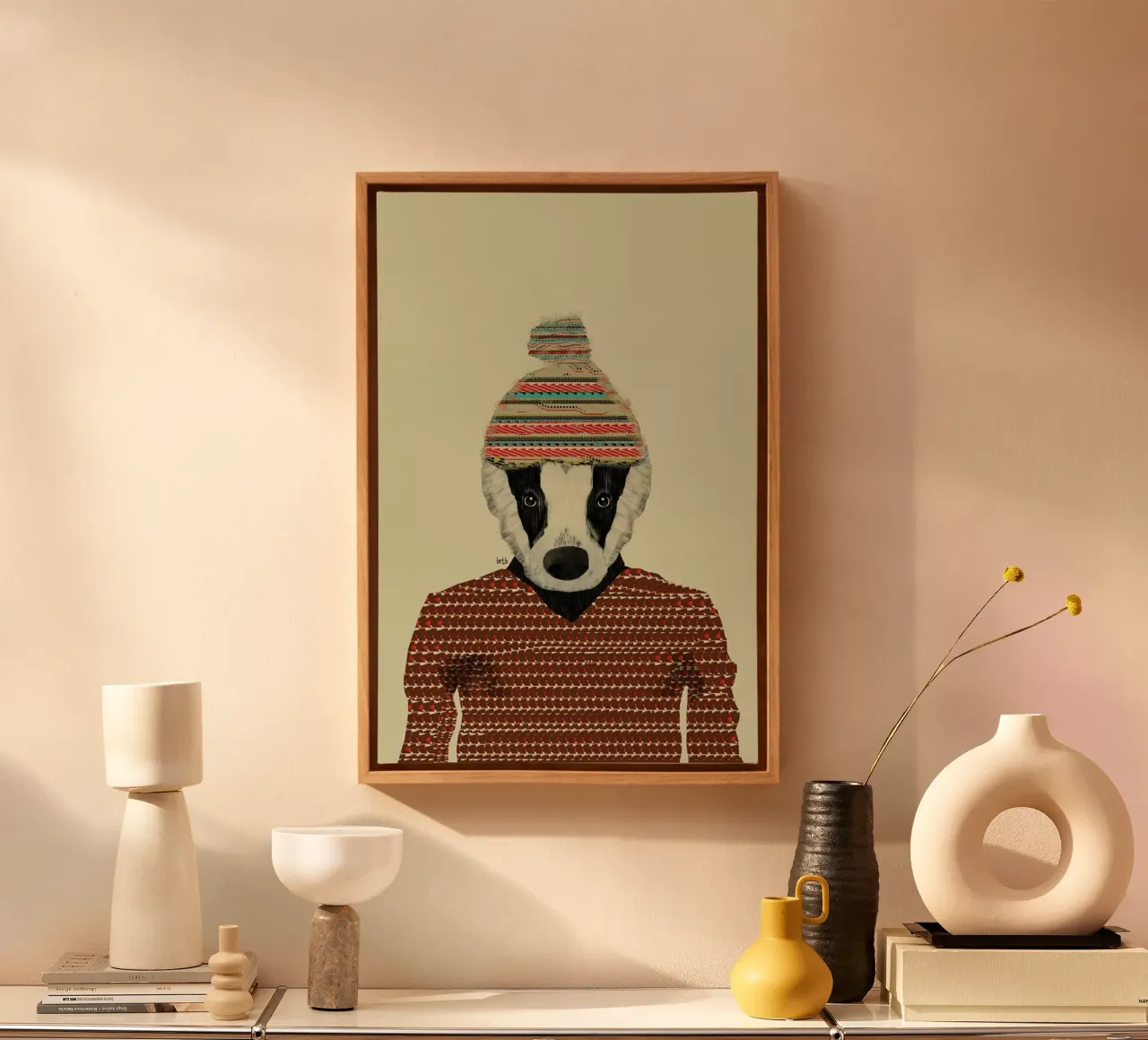 seb the badger canvas with Floater frame by Brian Buckley