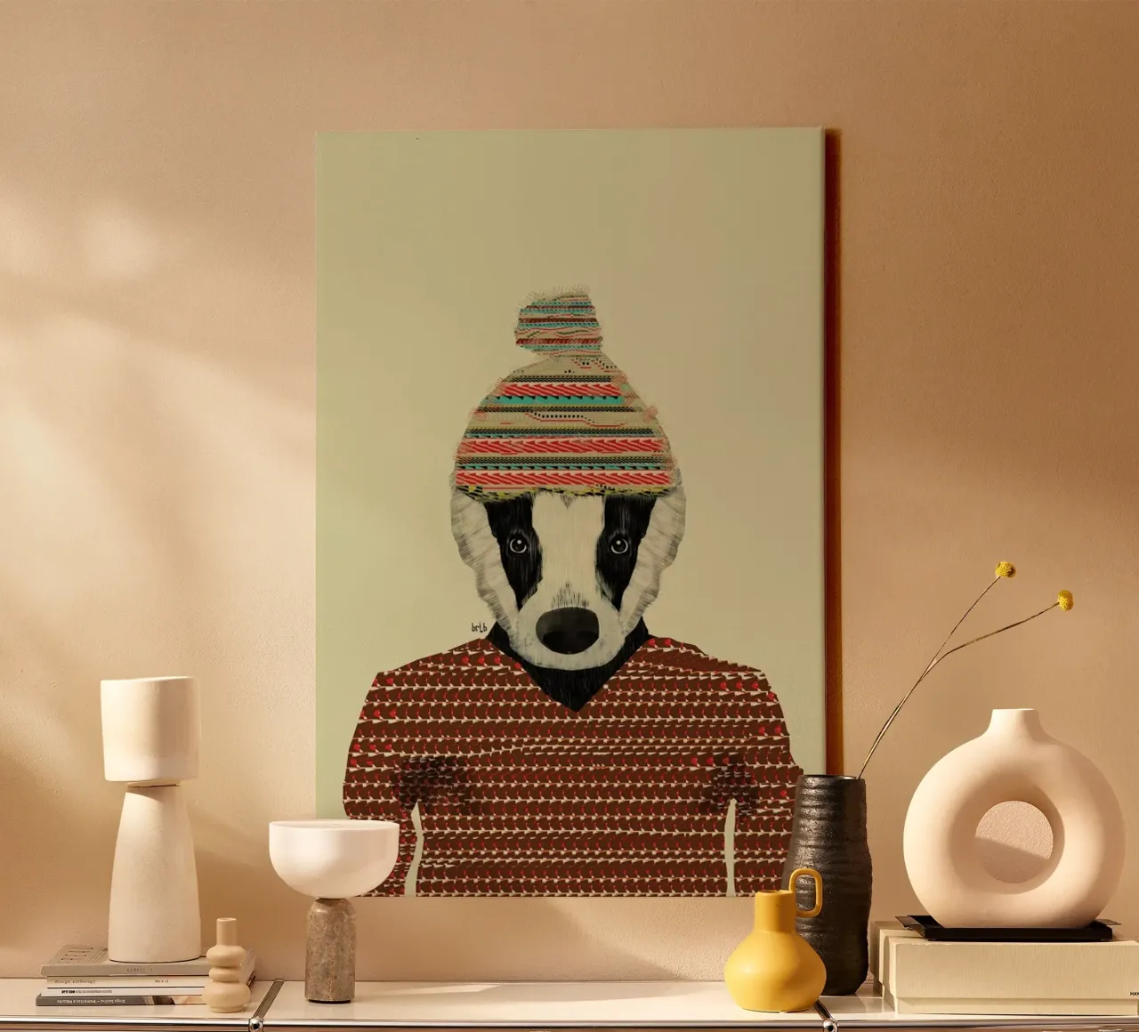seb the badger canvas with Floater frame by Brian Buckley
