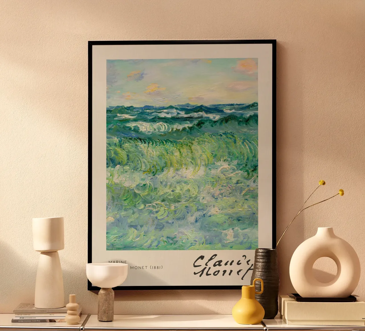 Claude Monet - Zee (1881): Levendig impressionistisch zeegezicht poster met kunststof frame van NorwesClub
