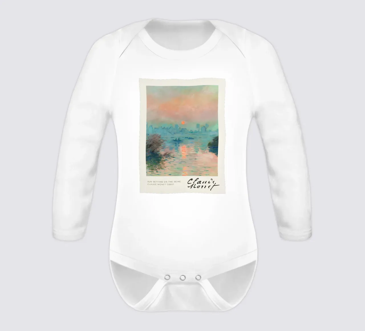 Claude Monet - Sun Setting on the Seine: Impressionist Maste long-sleeve baby romper by NorwesClub