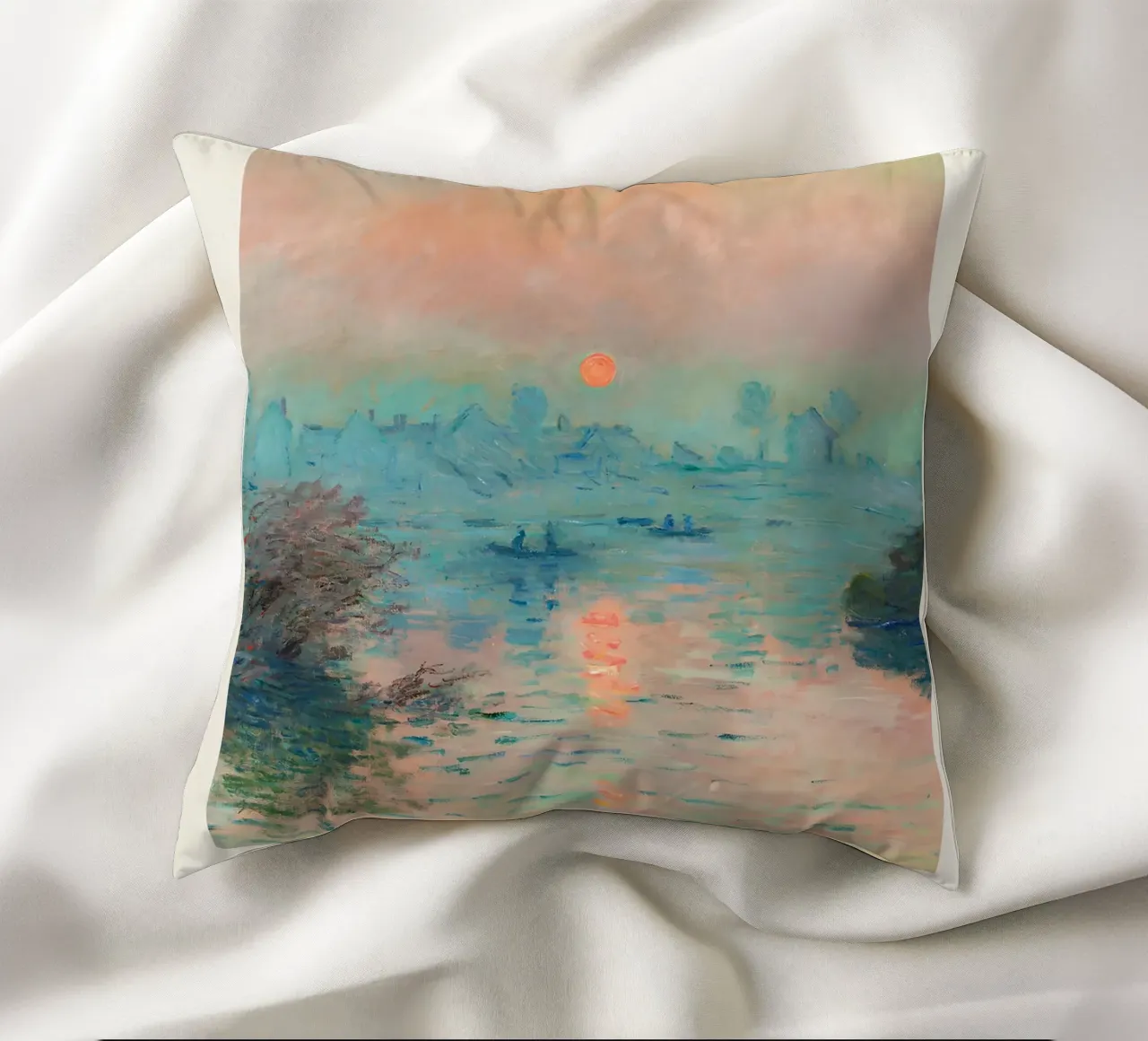 Claude Monet - Sun Setting on the Seine: Impressionist Maste decorative cushion by NorwesClub