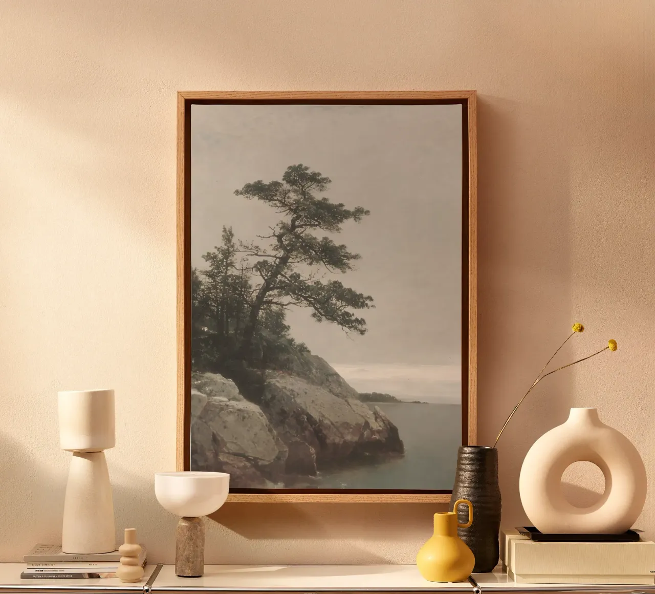 Kensett: De oude den, licht, kustlandschap, natuur A canvas met Baklijst van NorwesClub