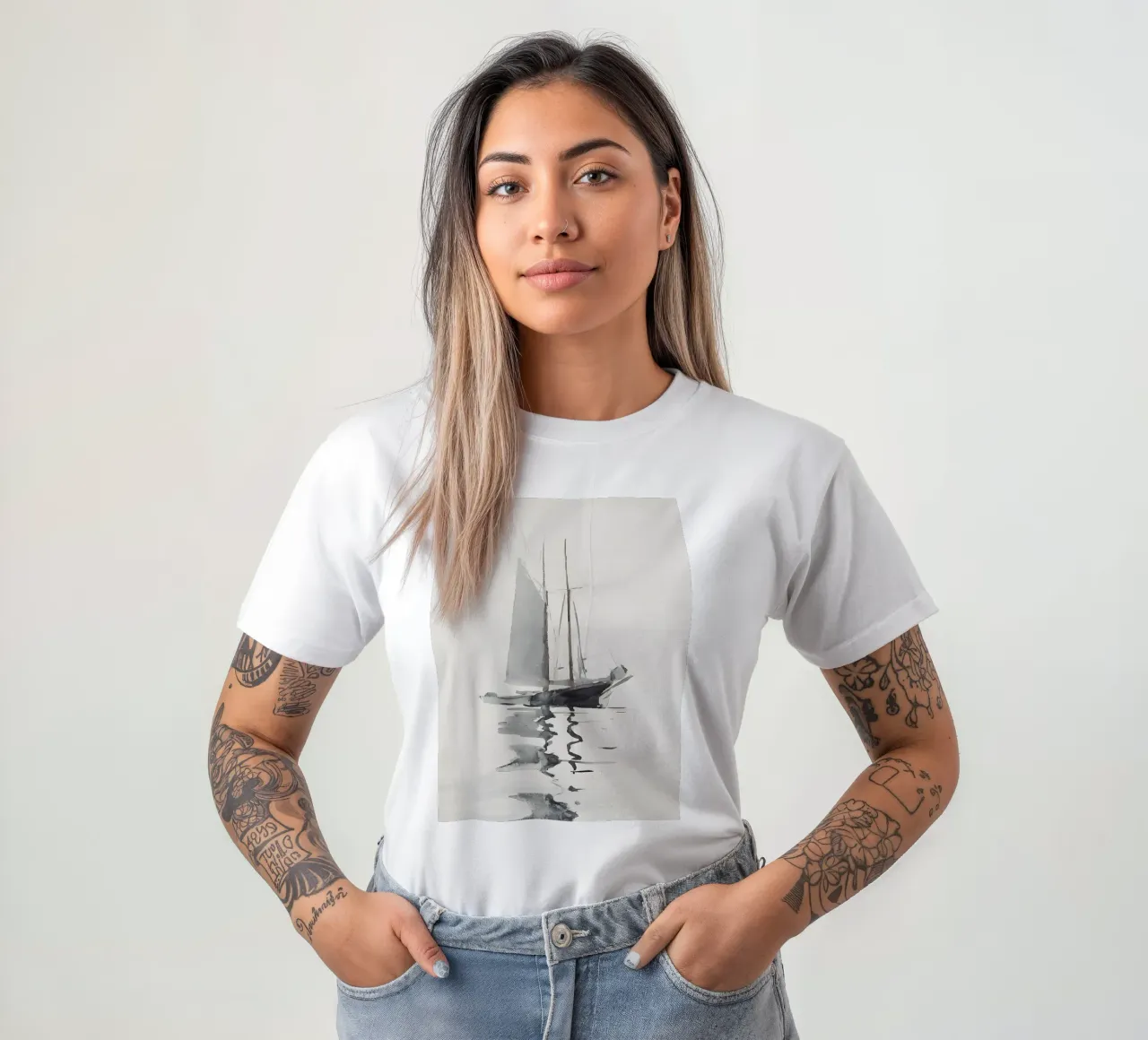 Schizzo artistico di barca a vela: Minimalista nautico, scala di grigi Mar t-shirt da NorwesClub