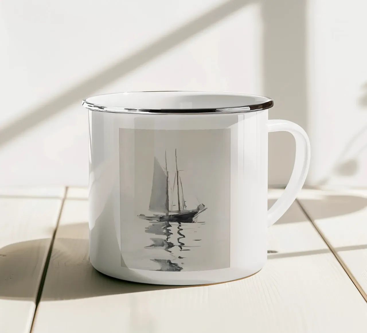 Schizzo artistico di barca a vela: Minimalista nautico, scala di grigi Mar tazza in smalto da NorwesClub