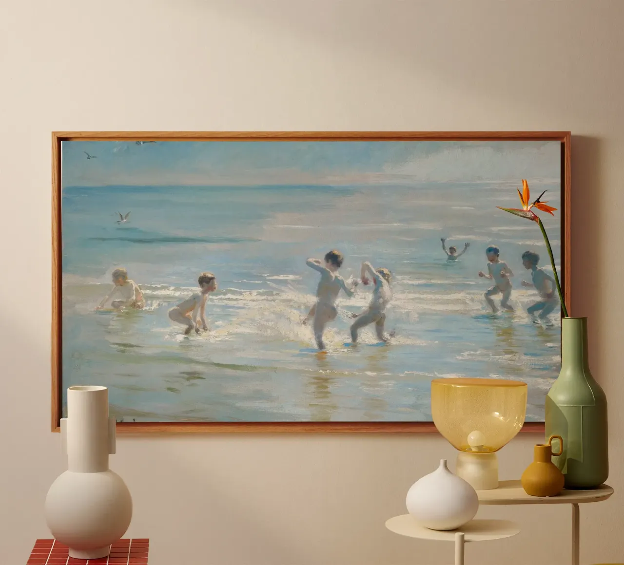 Kröyer: Boys Bathing, Skagen Beach, Impressionist Summer canvas with Floater frame by NorwesClub