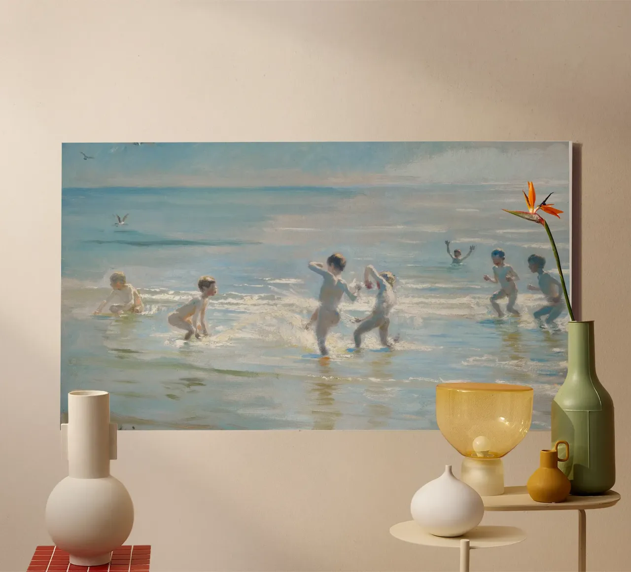 Kröyer: Boys Bathing, Skagen Beach, Impressionist Summer canvas with Floater frame by NorwesClub