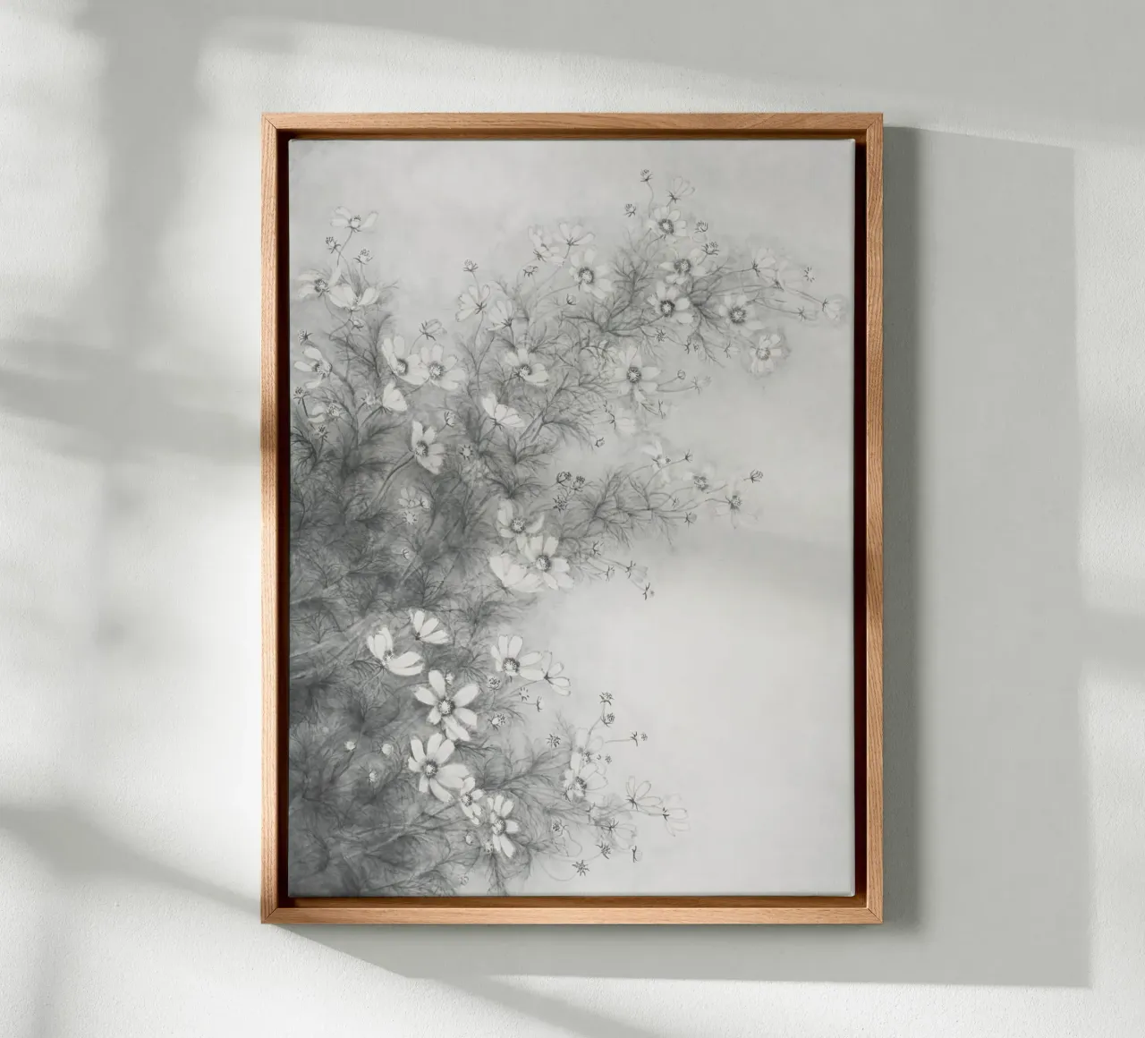 Cosmos Floral Sketch: Delicate Monochrome Botanical Art canvas with Floater frame by NorwesClub