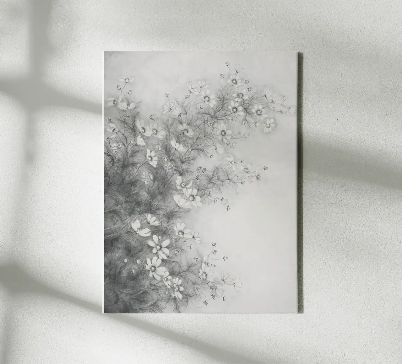 Cosmos Floral Sketch: Delicate Monochrome Botanical Art canvas with Floater frame by NorwesClub