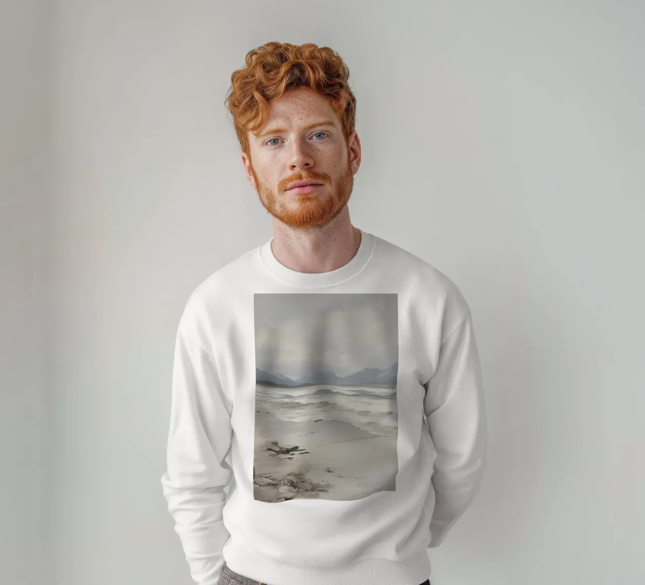 Stormachtig strand: Stemmig zeegezicht, sfeervolle kustkunstdruk sweatshirt van NorwesClub