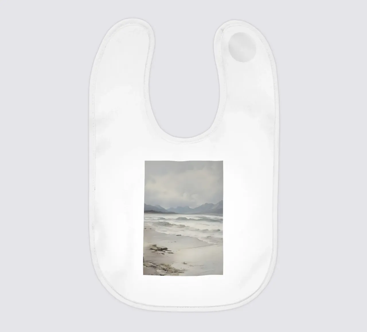 Stormy Beach: Moody Seascape, Atmospheric Coastal Art Print baby bib by NorwesClub