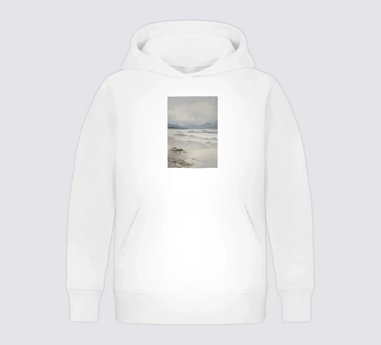 Stormy Beach: Moody Seascape, Atmospheric Coastal Art Print kids hoodie by NorwesClub