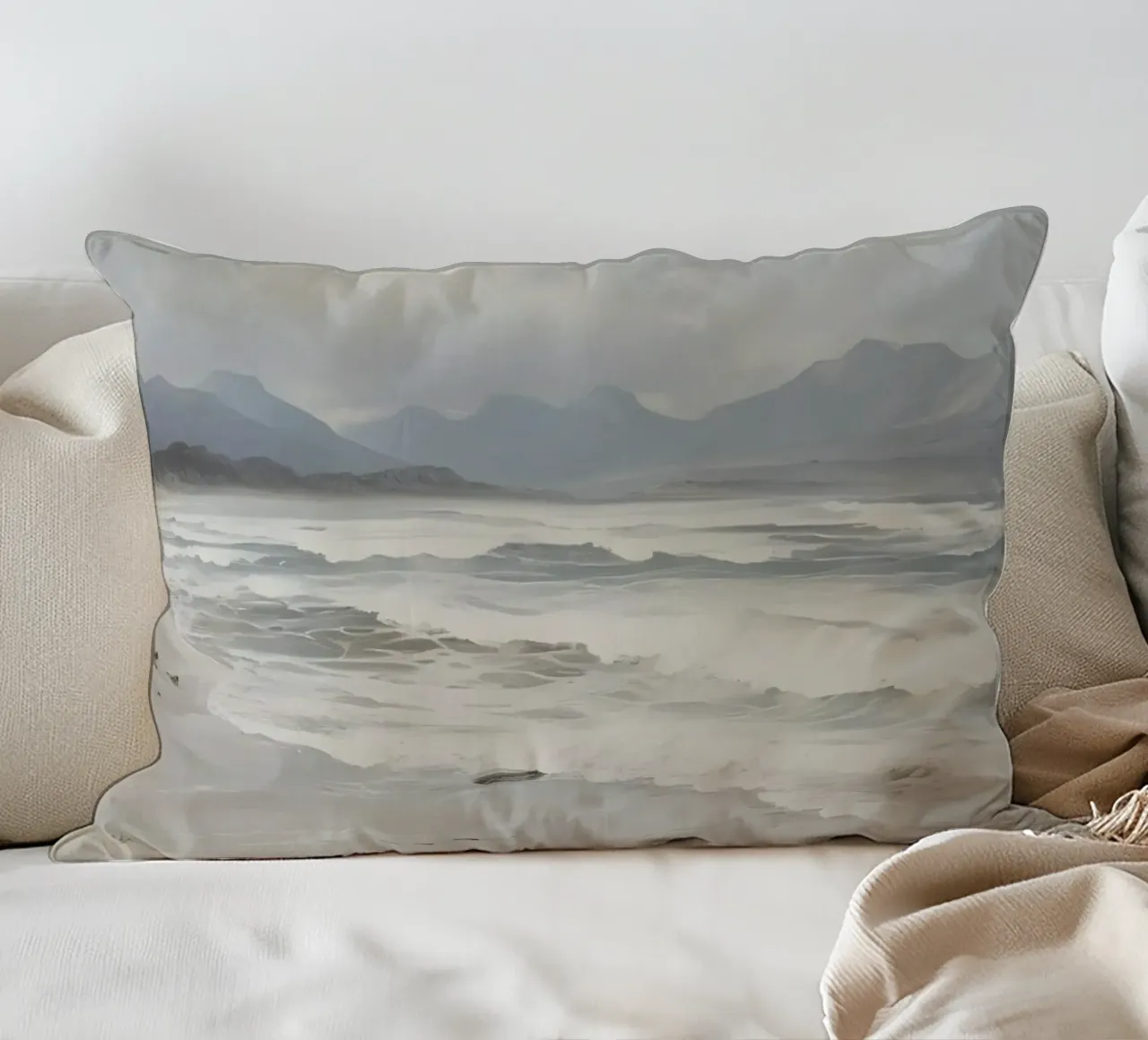 Stormy Beach: Moody Seascape, Atmospheric Coastal Art Print decorative cushion by NorwesClub