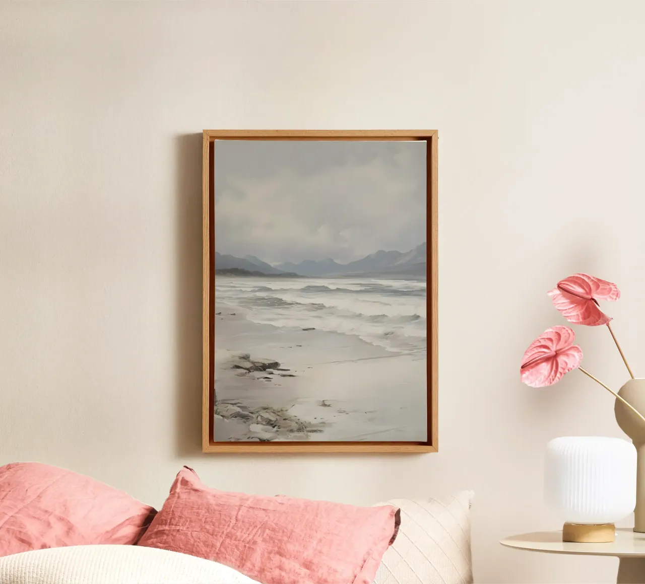 Stormachtig strand: Stemmig zeegezicht, sfeervolle kustkunstdruk canvas van NorwesClub