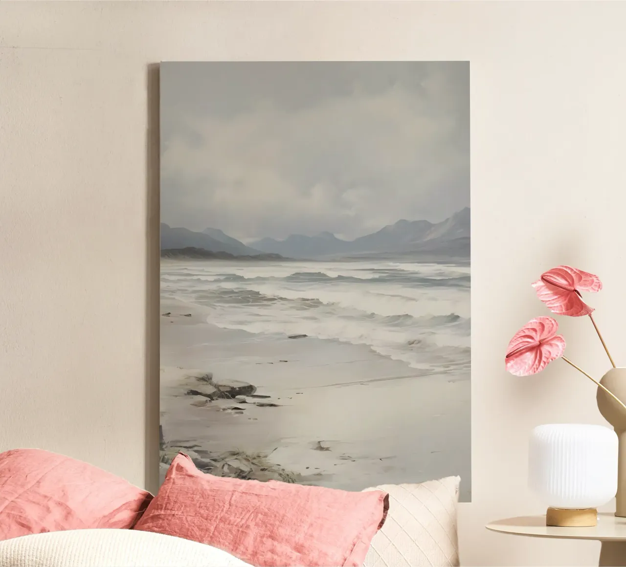 Stormachtig strand: Stemmig zeegezicht, sfeervolle kustkunstdruk canvas van NorwesClub