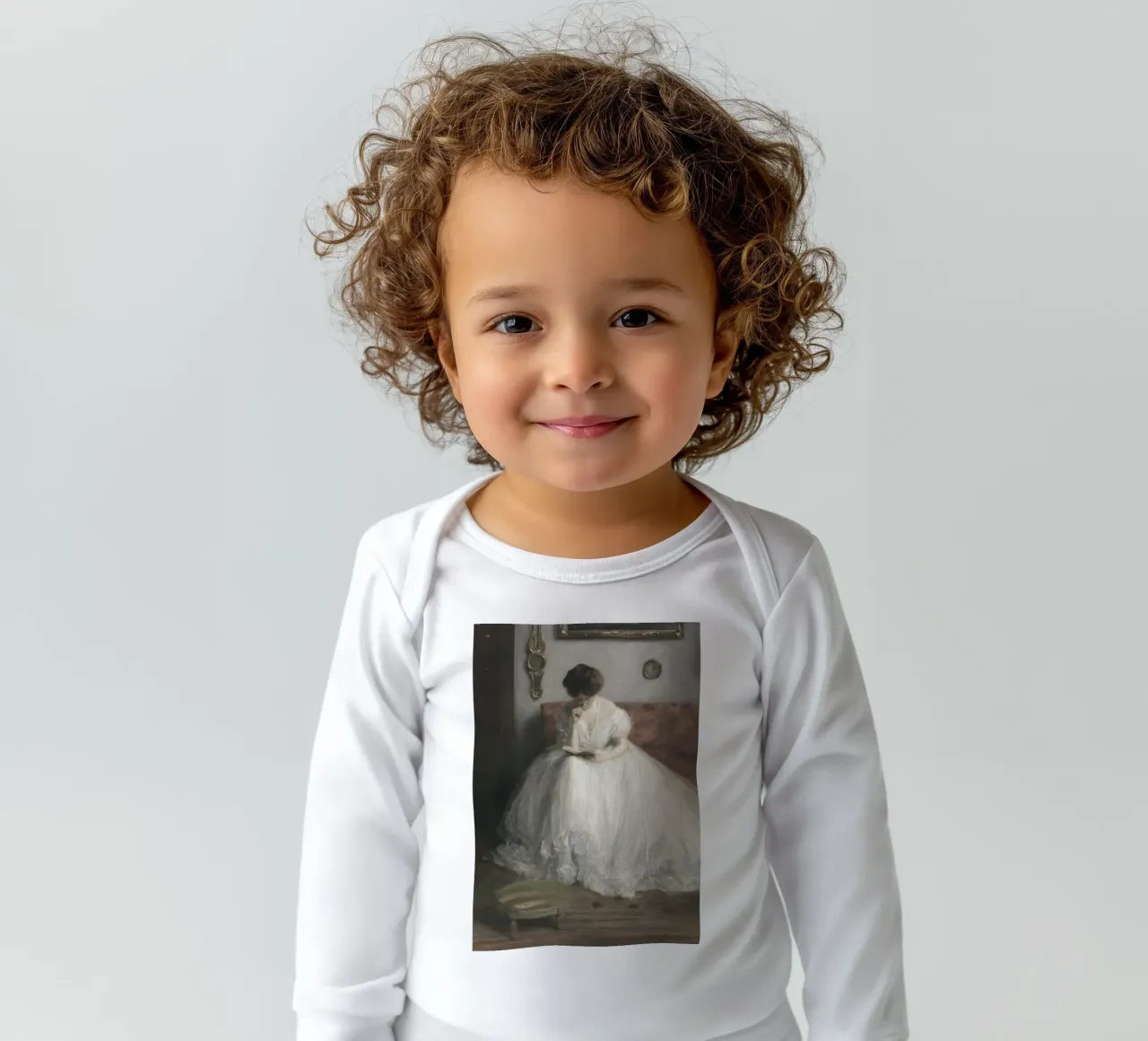 Elegant Reader: Classic Portrait, Impressionist, White Dress long-sleeve baby romper by NorwesClub