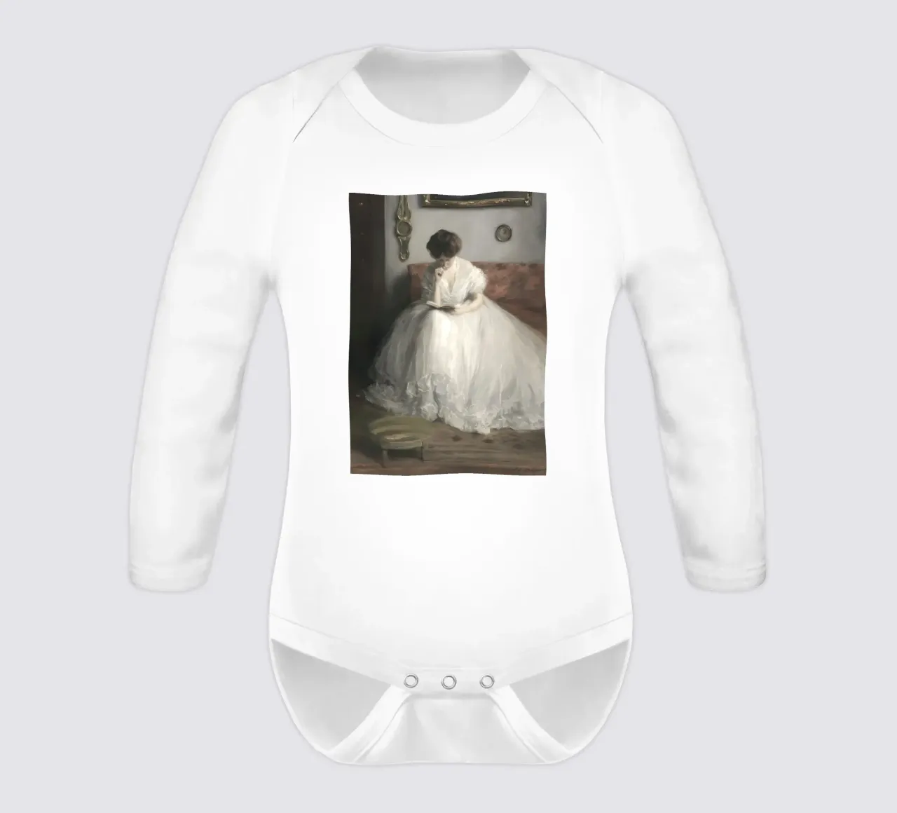 Elegant Reader: Classic Portrait, Impressionist, White Dress long-sleeve baby romper by NorwesClub