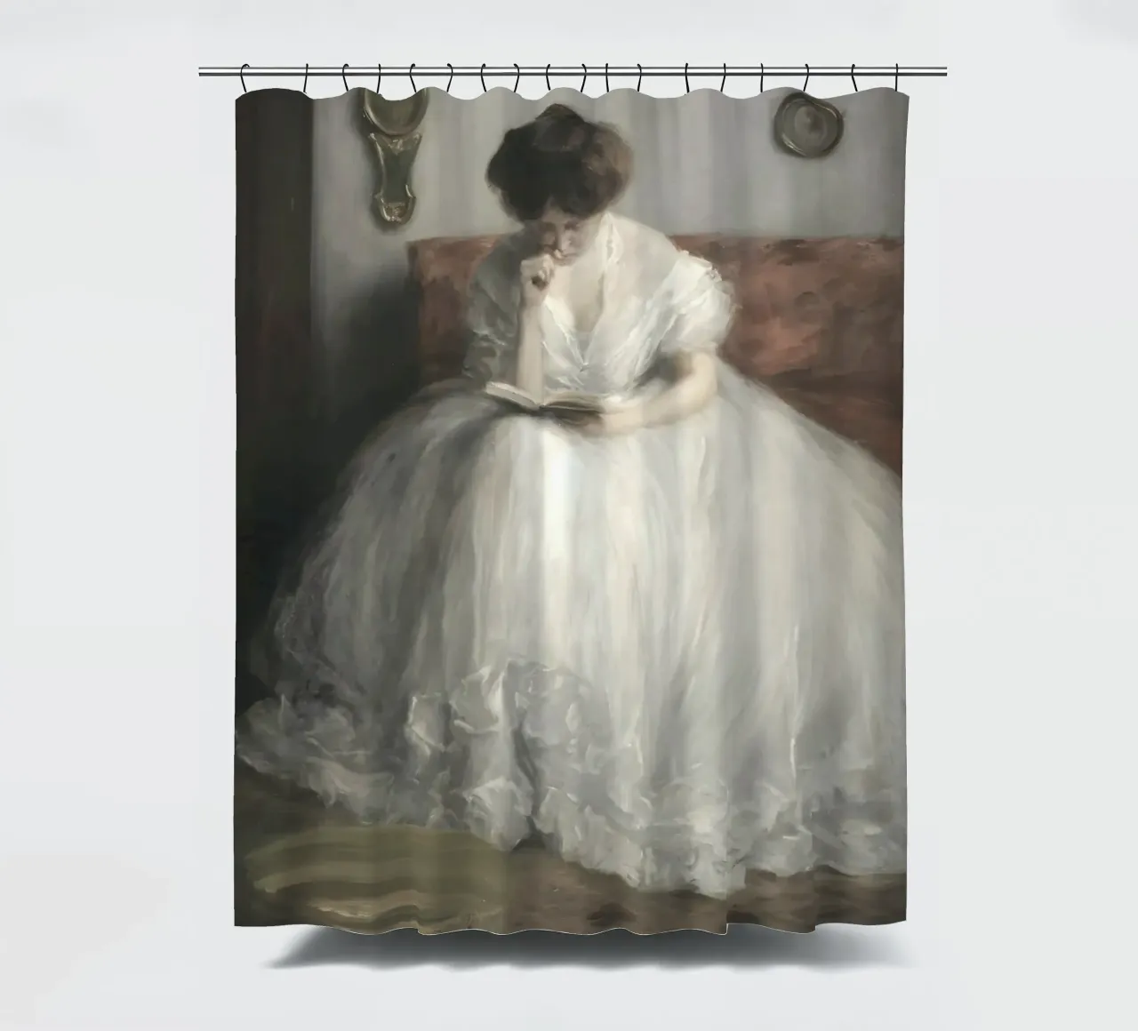 Elegant Reader: Classic Portrait, Impressionist, White Dress shower curtain by NorwesClub