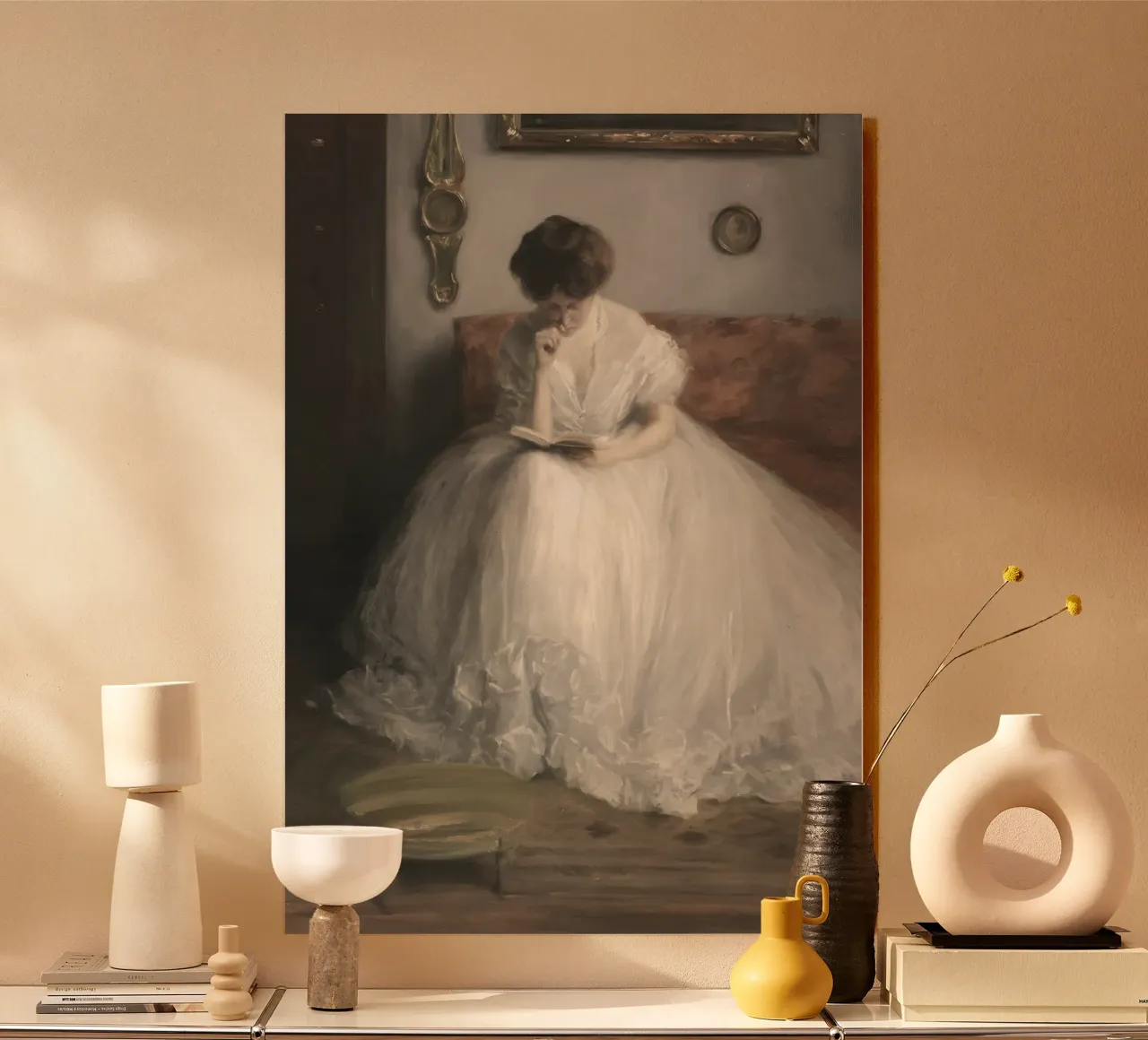 Eleganter Leser: Klassisches Porträt, Impressionist, Weißes Kleid Acryl-Glas von NorwesClub