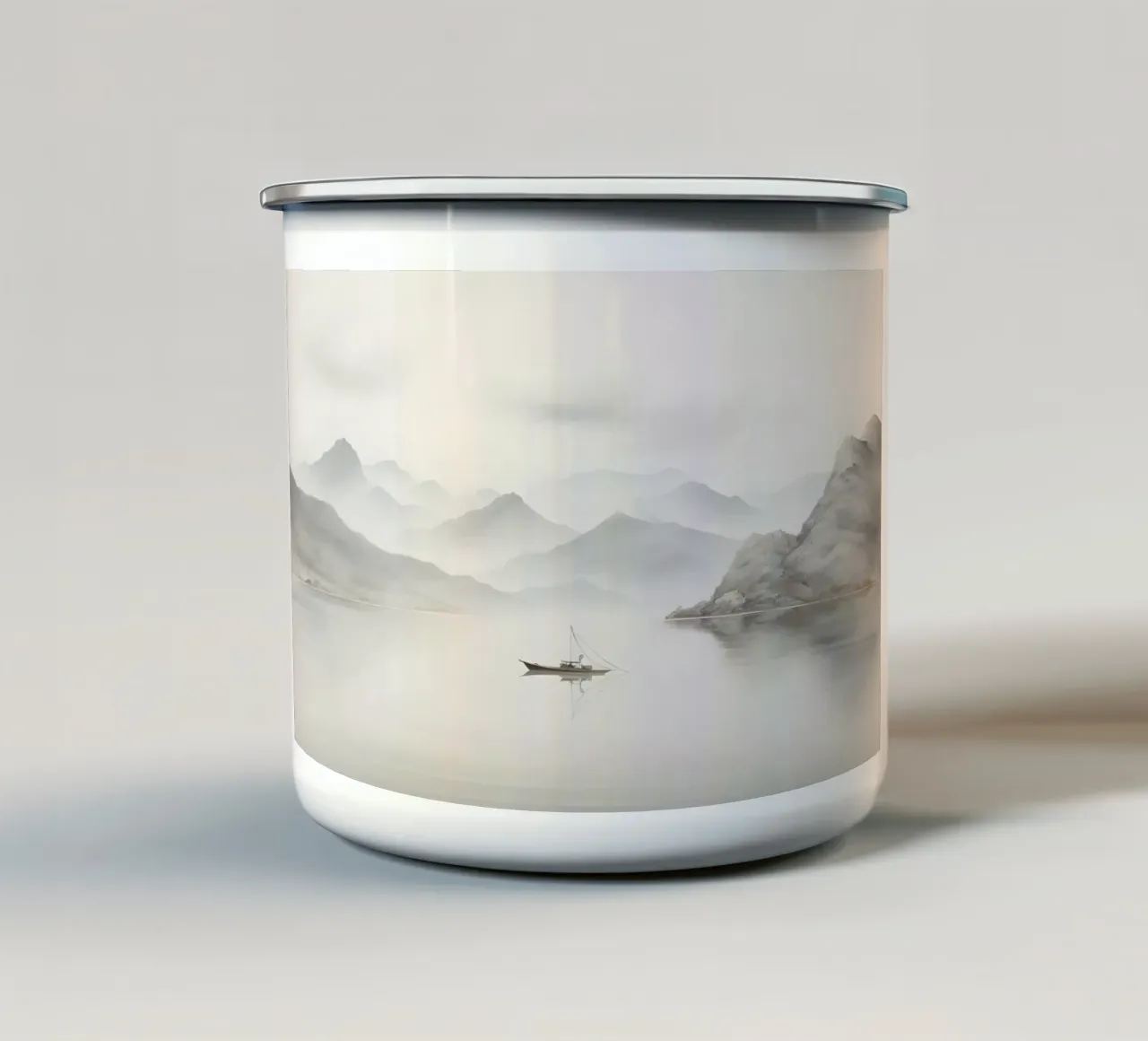 Nevelige bergen: Aziatisch landschap, Serene boot, Zen-kunst emaille mok van NorwesClub
