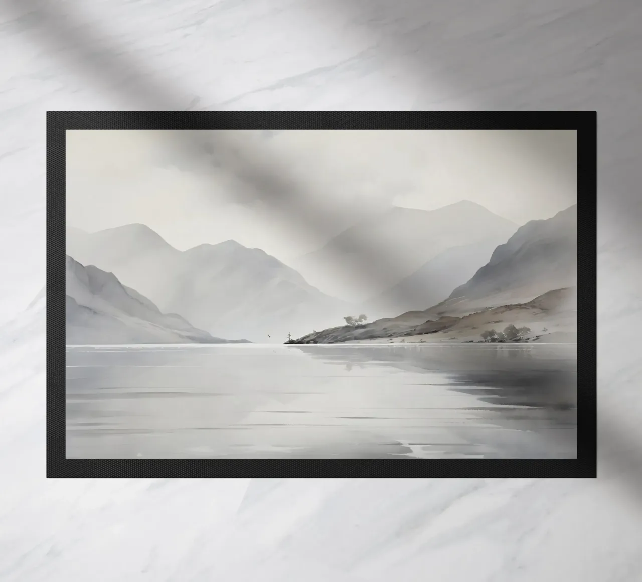 Chris Hull Style: Misty Lake, Serene Mountain Landscape doormat by NorwesClub