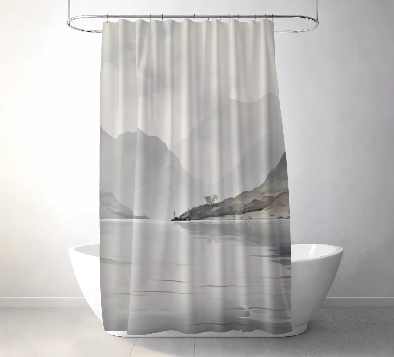 Chris Hull Style: Misty Lake, Serene Mountain Landscape shower curtain by NorwesClub