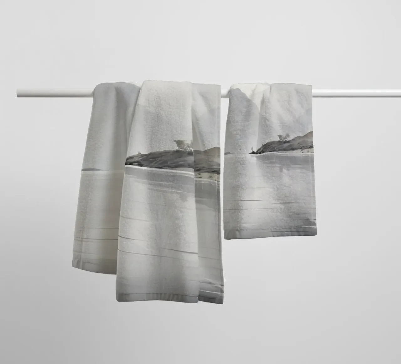 Chris Hull Style: Misty Lake, Serene Mountain Landscape towel by NorwesClub