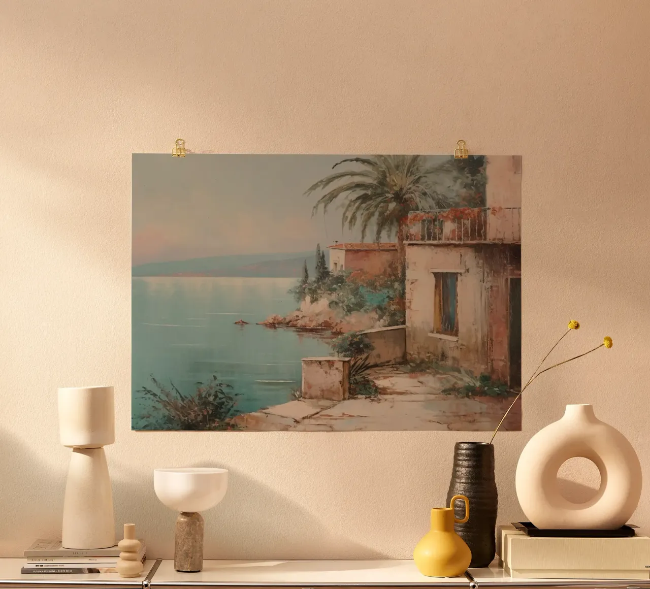 Maison au bord de la mer : Côte méditerranéenne, vue impressionniste poster avec cadre en bois de NorwesClub