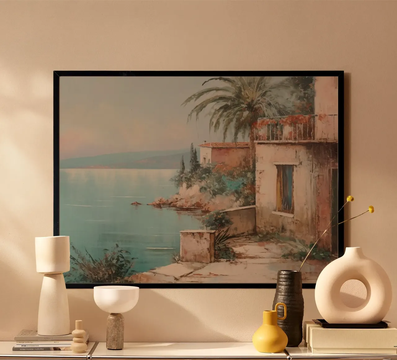 Maison au bord de la mer : Côte méditerranéenne, vue impressionniste poster avec cadre en bois de NorwesClub