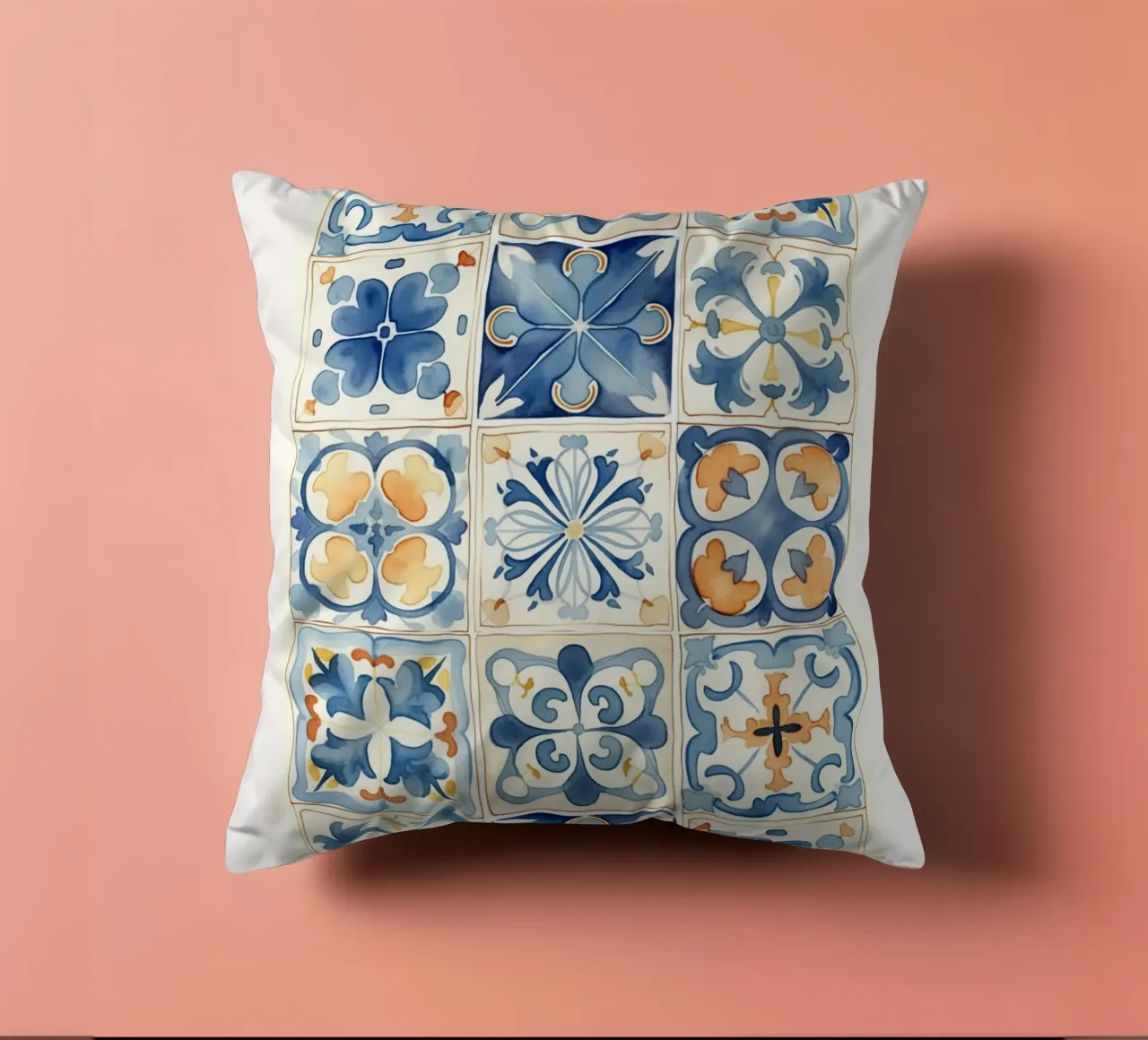 Piastrelle mediterranee: Blu e arancio, Azulejo, Pattern Art cuscino da NorwesClub