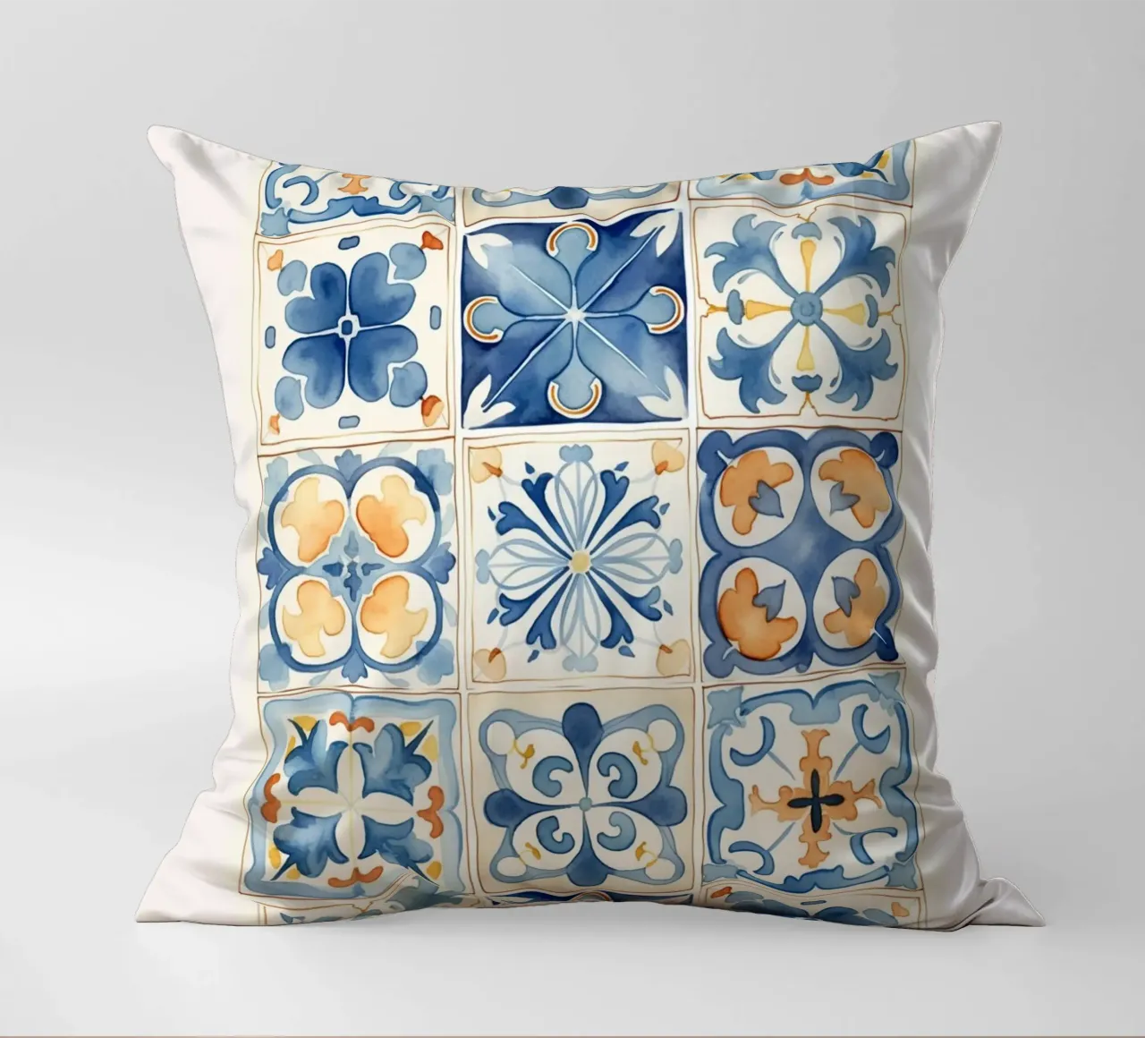 Azulejos Mediterráneos: Azul y Naranja, Azulejo, Pattern Art cojín de NorwesClub