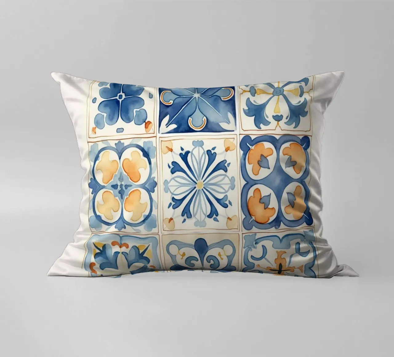 Azulejos Mediterráneos: Azul y Naranja, Azulejo, Pattern Art cojín de NorwesClub