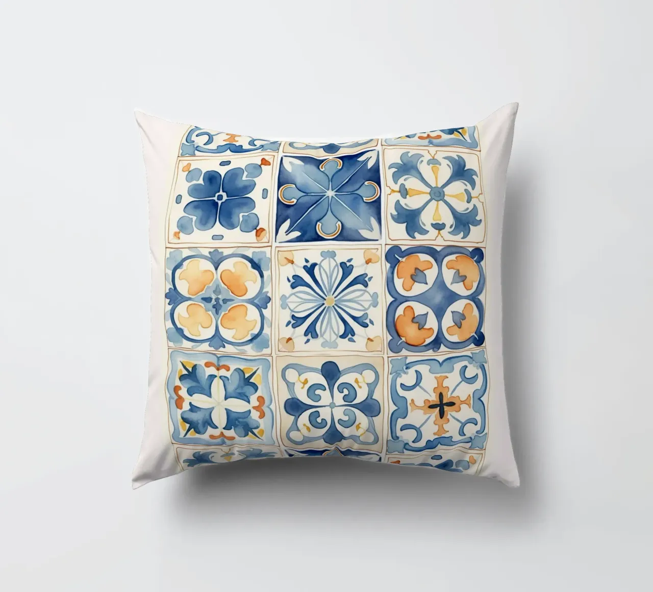 Azulejos Mediterráneos: Azul y Naranja, Azulejo, Pattern Art cojín de NorwesClub