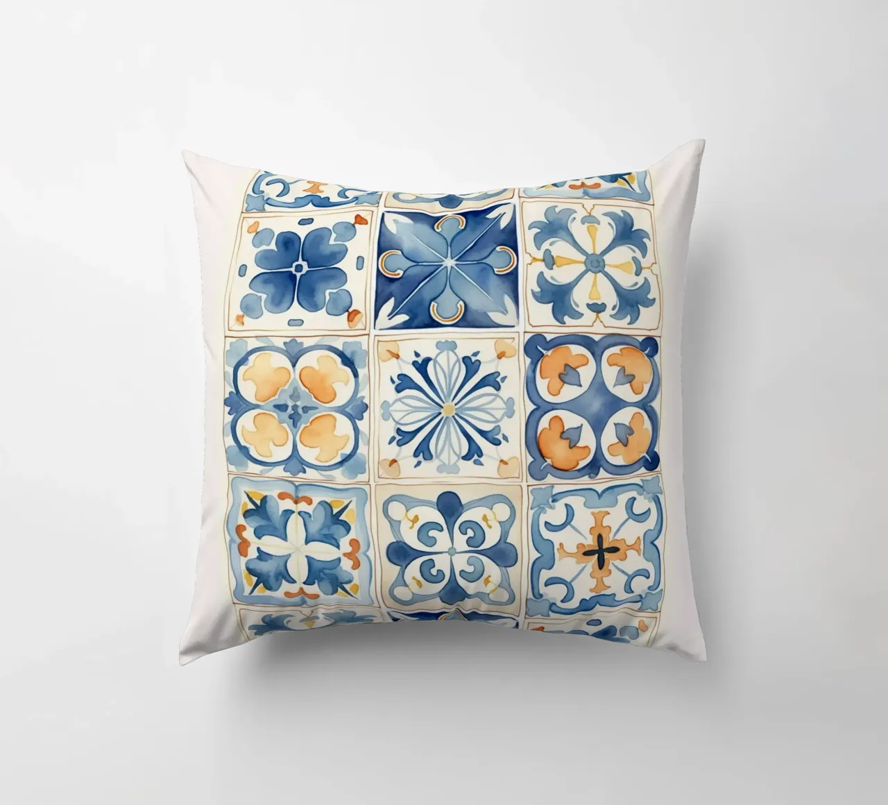 Azulejos Mediterráneos: Azul y Naranja, Azulejo, Pattern Art cojín de NorwesClub