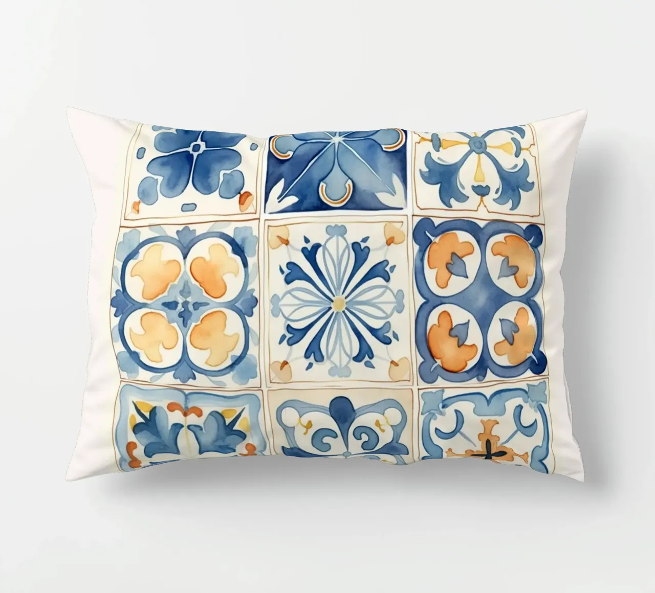 Piastrelle mediterranee: Blu e arancio, Azulejo, Pattern Art cuscino da NorwesClub