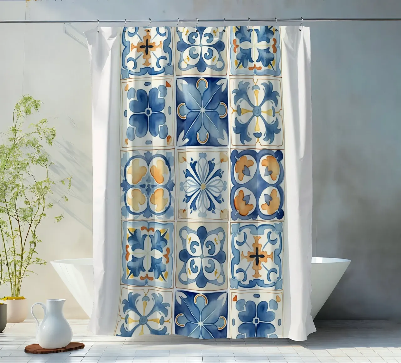 Piastrelle mediterranee: Blu e arancio, Azulejo, Pattern Art tenda da doccia da NorwesClub