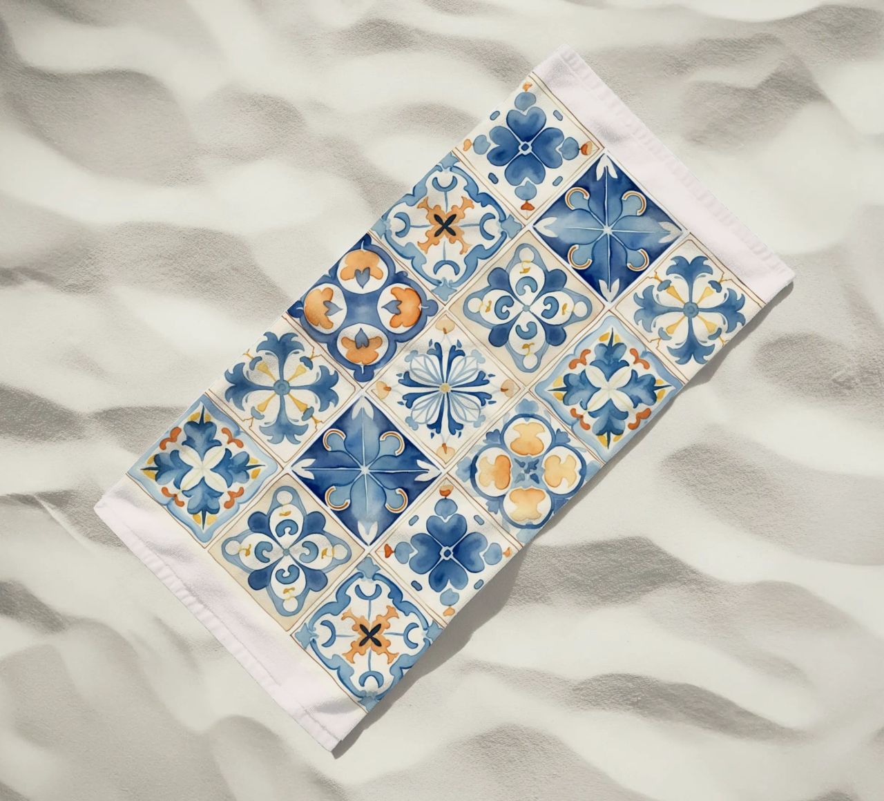 Piastrelle mediterranee: Blu e arancio, Azulejo, Pattern Art telo mare da NorwesClub