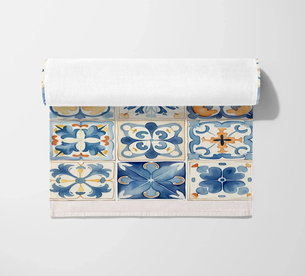 Piastrelle mediterranee: Blu e arancio, Azulejo, Pattern Art telo mare da NorwesClub