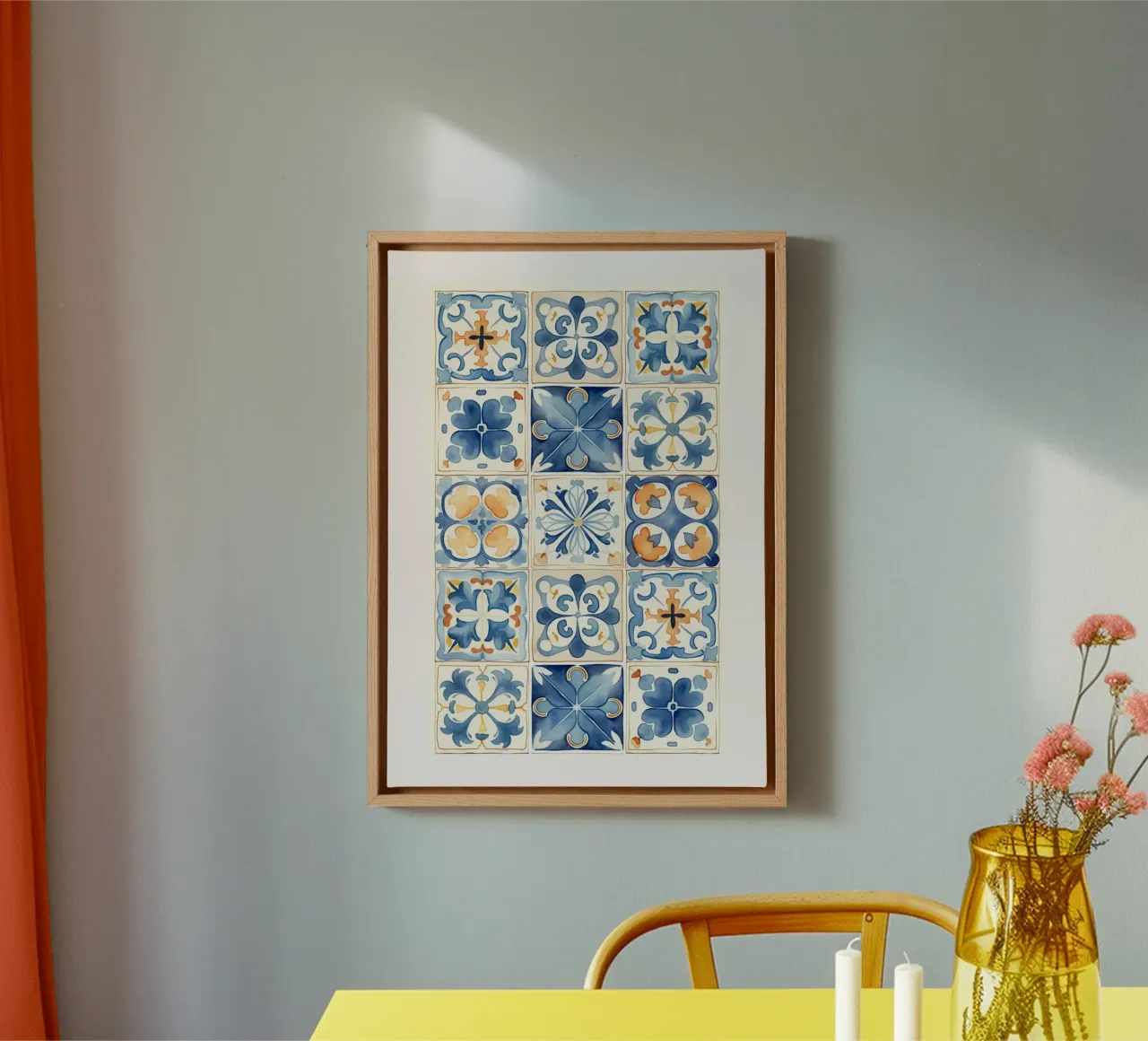Piastrelle mediterranee: Blu e arancio, Azulejo, Pattern Art tela con Cornice a cassetta da NorwesClub