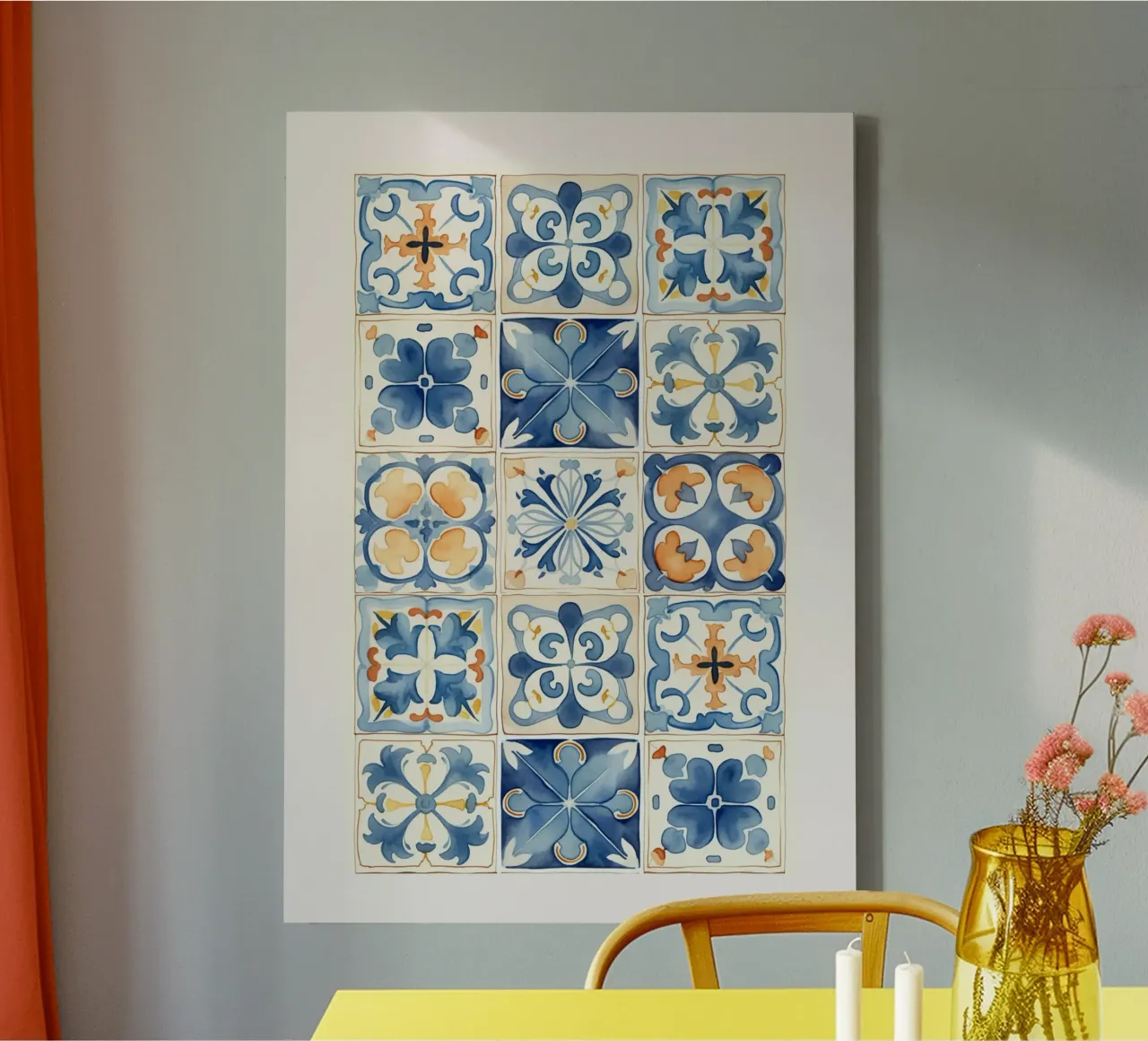 Piastrelle mediterranee: Blu e arancio, Azulejo, Pattern Art tela con Cornice a cassetta da NorwesClub