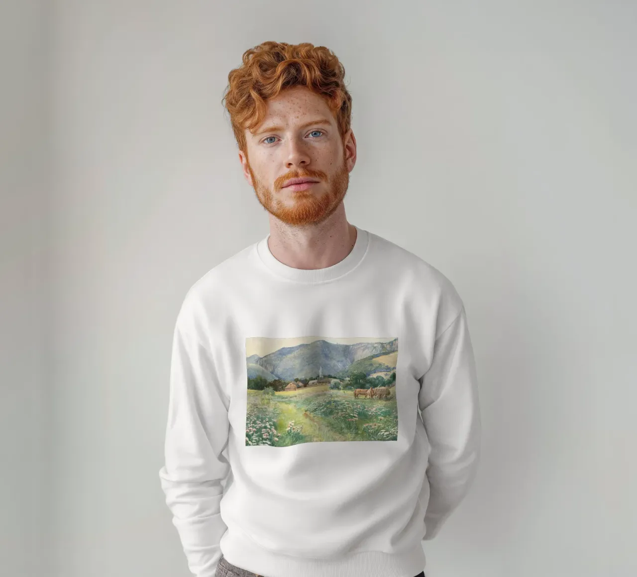 Burningham: Bloeiend weiland, rustiek dorp, impressionistisch sweatshirt van NorwesClub